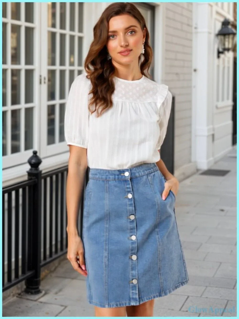 High Waist A-Line Denim Skirt with Button Front, Knee Length Casual Cotton